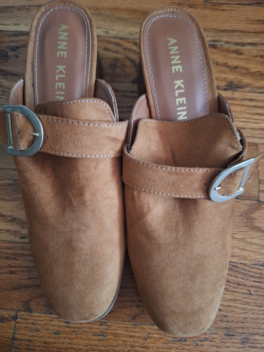 Anne Klein Tan Suede Slip-On Mules with Silver Buckles